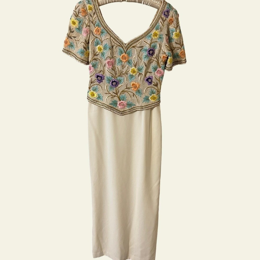 Vintage Judith Ann Silk Beaded Floral Dress Size Small